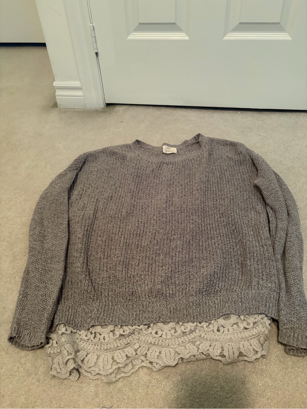 Pins & Needles Gray Crewneck Sweater with Lace Hem